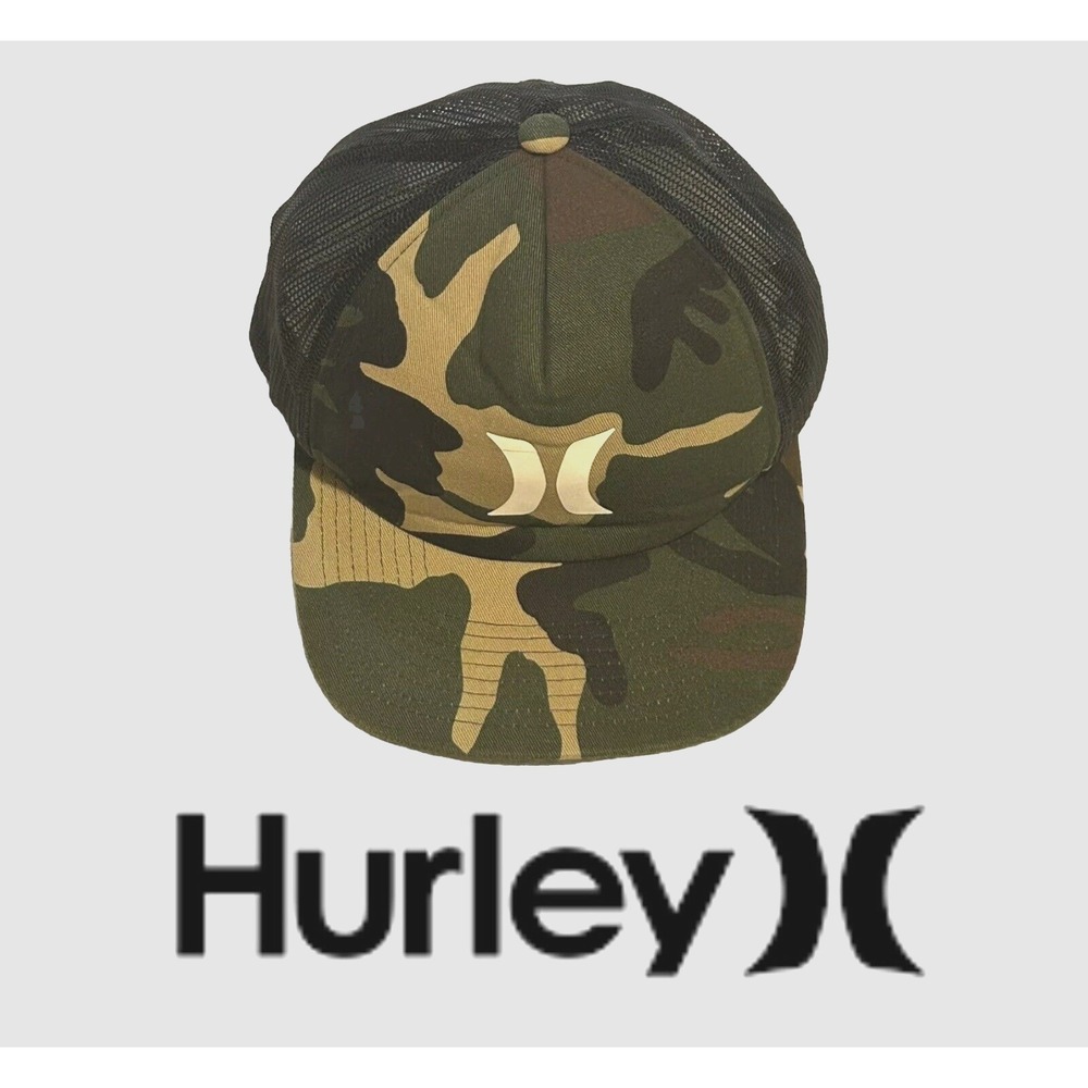 Hurley The Classic Snapback Hat Cap White Logo Black, Green Tan Camouflage Hunt